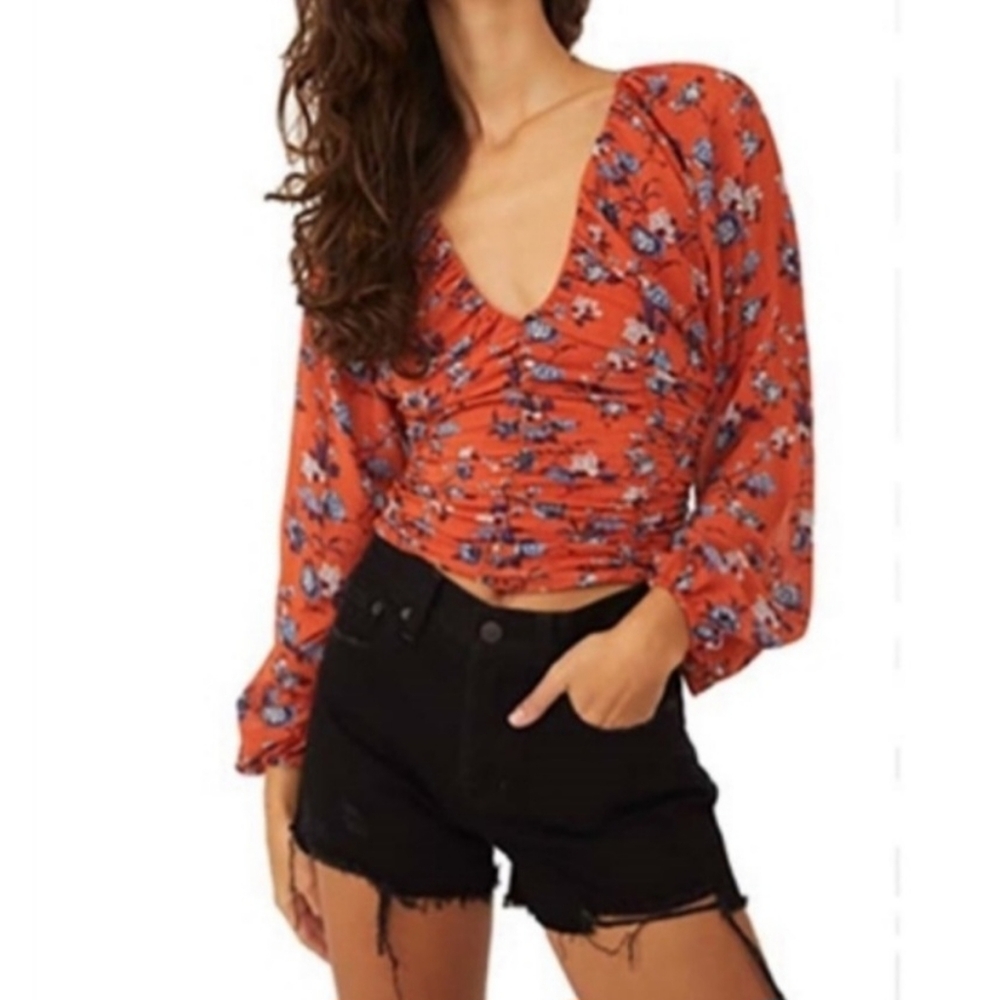 Free People Top Womens Size Small Orange Floral Cropped Balloon Sleeves